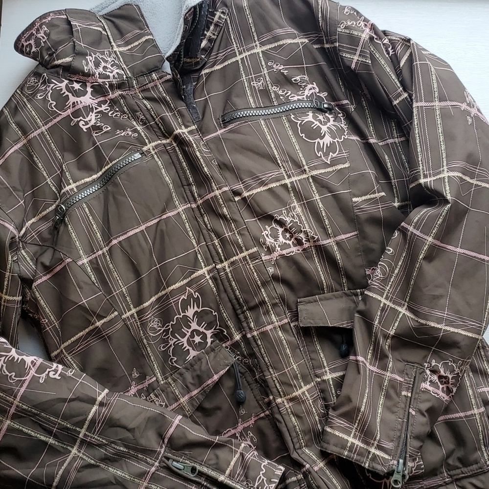 Turbine Brown and Pink Plaid / Floral Girls Snowboard Ski Winter Jacket S